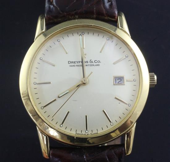 A gentlemans 18ct gold Dreyfuss & Co quartz wrist watch,